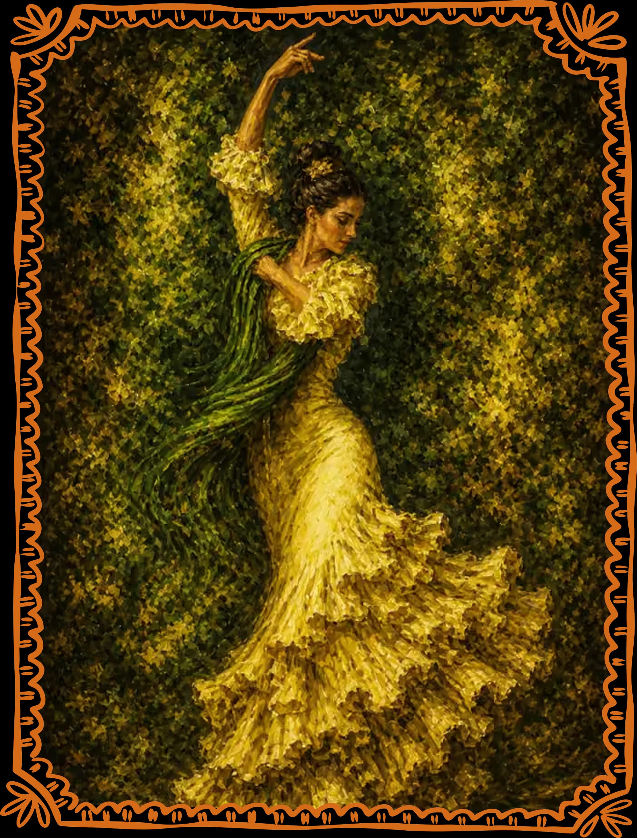 A painting of a flamenco dancer in a yellow ruffled dress with a green shawl, one arm raised, in a painted papel-picado border.