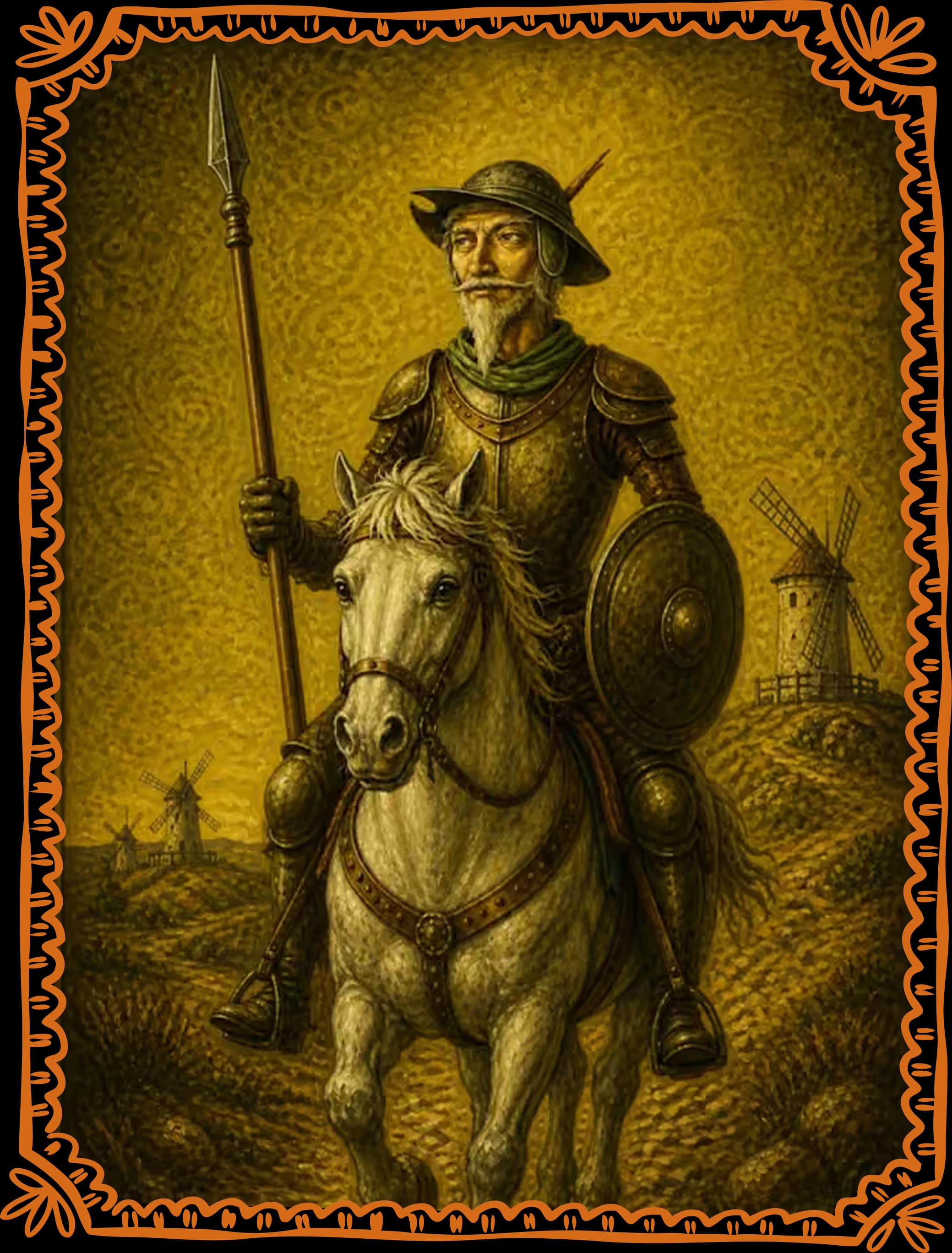 A painting of the knight in armour on a white horse, lance in hand, with windmills on the hills behind him, in a painted papel-picado border.