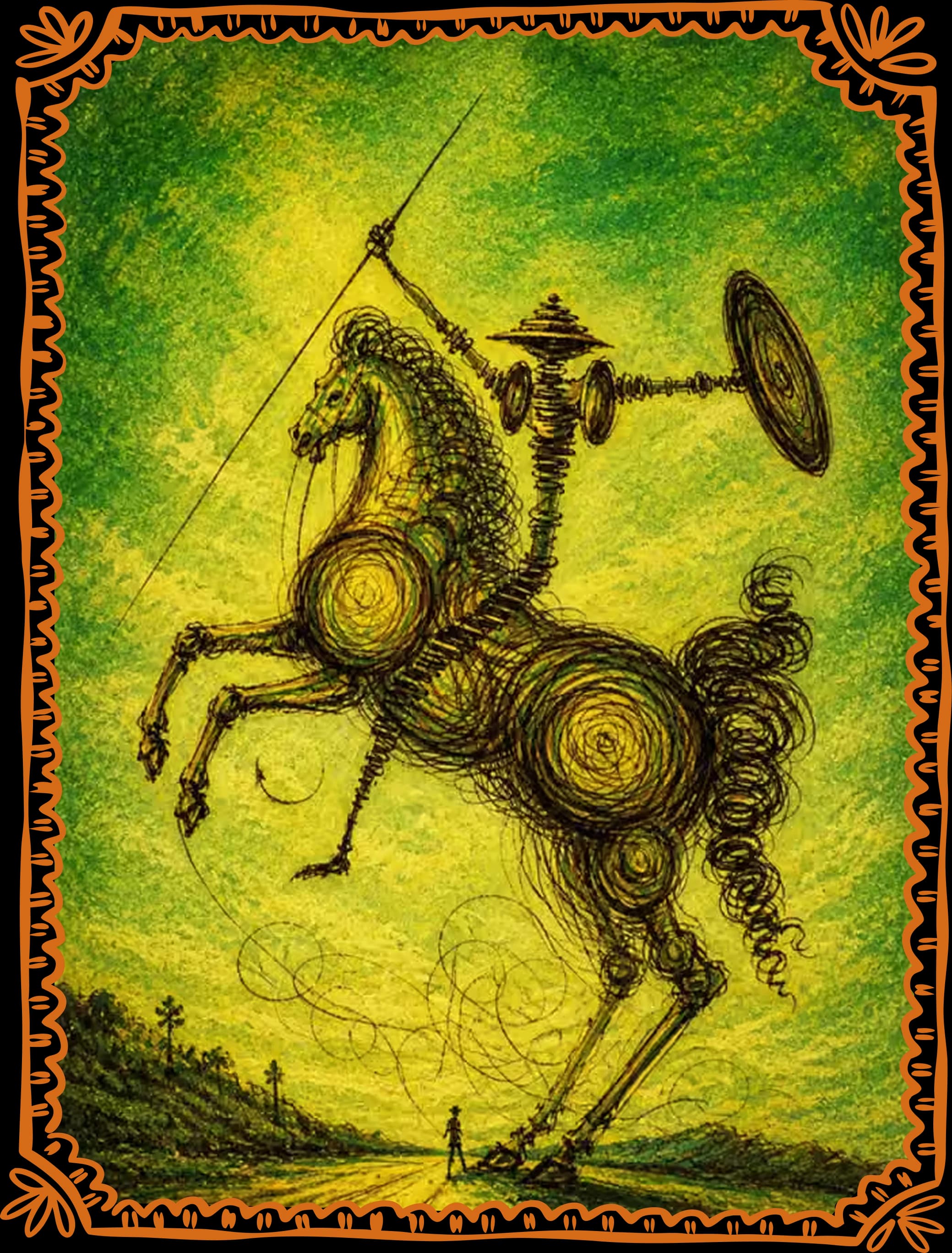 A painting of the knight and his horse in looping scribbled line, rearing under a green sky, in a painted papel-picado border.