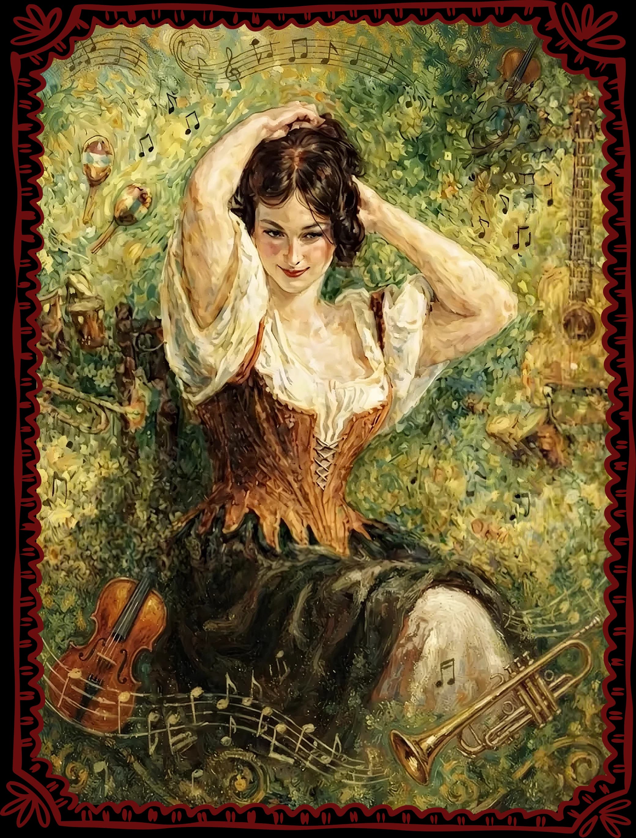 The dining room mural in a drawn border: a woman in a laced bodice seated among violins, a trumpet, a guitar and drifting bars of music.