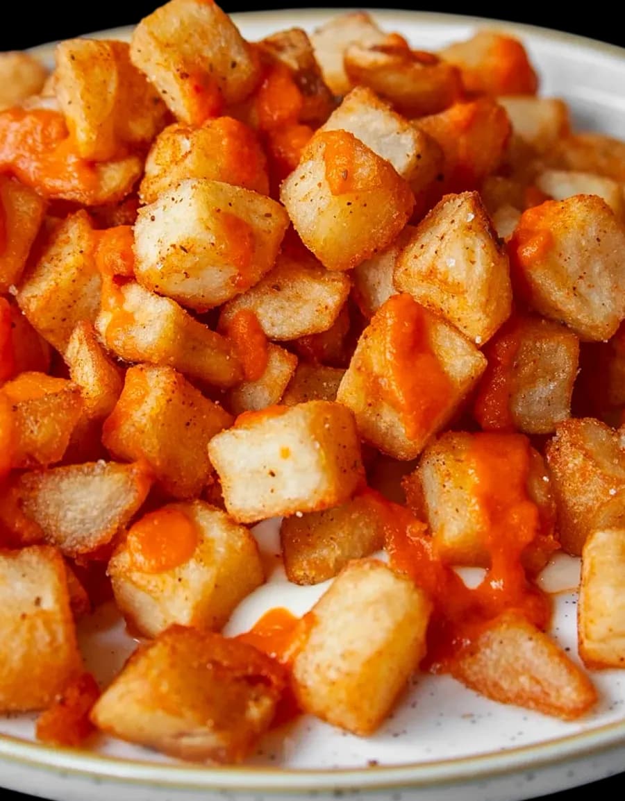 A plate of patatas bravas: cubes of fried potato under a bright orange brava sauce.