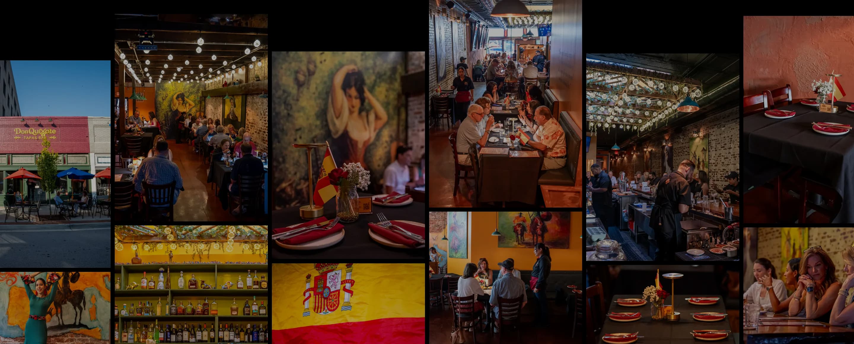 A montage of the restaurant: the storefront under umbrellas, the dining room at service, the painted murals, the lit back bar and laid tables.